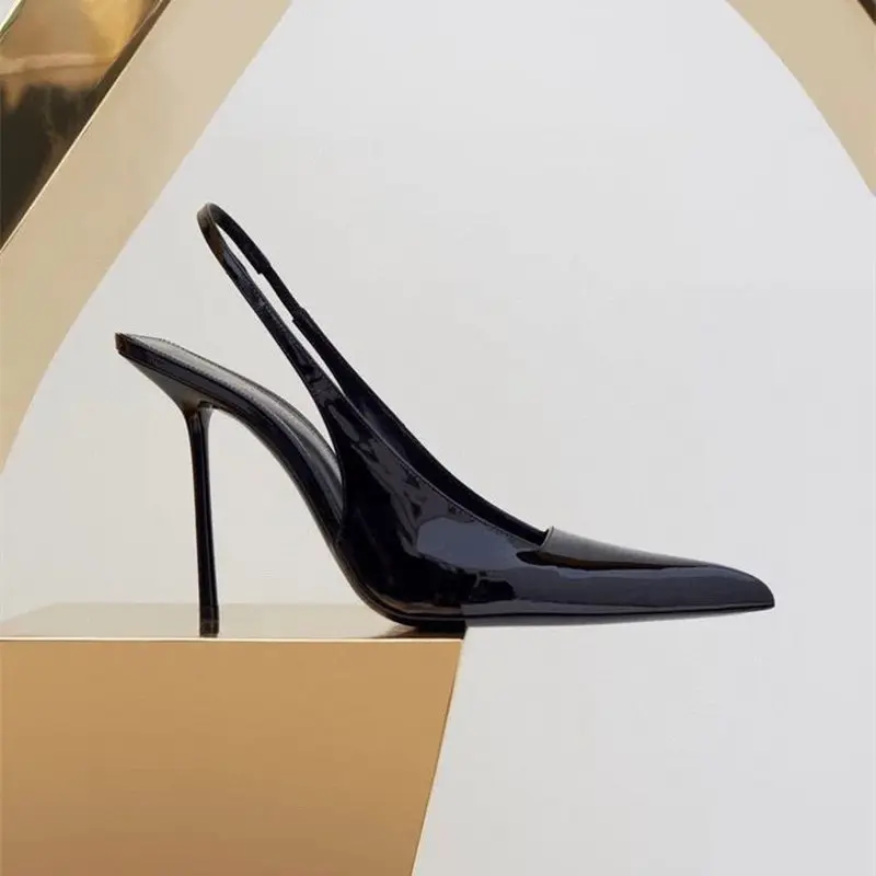 

Casual Designer Sexy Lady Fashion Women Pumps Black Genuine Leather Hollow Out Pointy Toe High Heels Slingback Sandals Sandalias