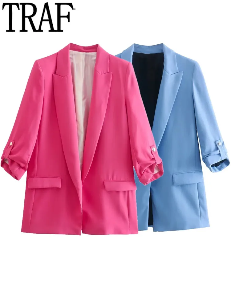 

TRAF Rosy Blue Casual Blazer Woman Office Elegant Female Blazer Fashion Formal Suits For Women Turn Up Sleeve Women's Jackets