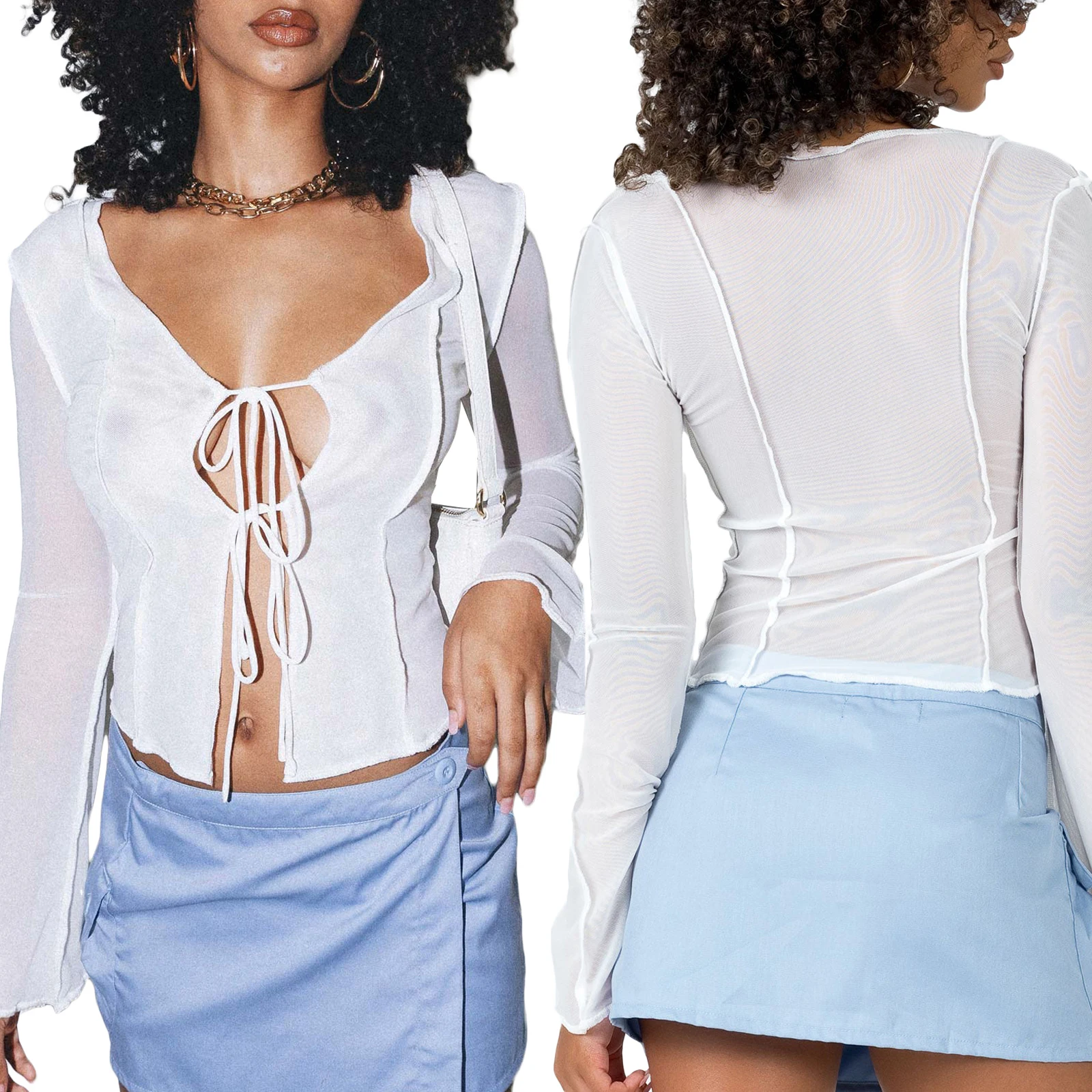 

Ladies Summer Autumn Short Tops Women Leisure Style Solid Color Splicing See-through Front Tie Up Long Sleeve Slim Blouse