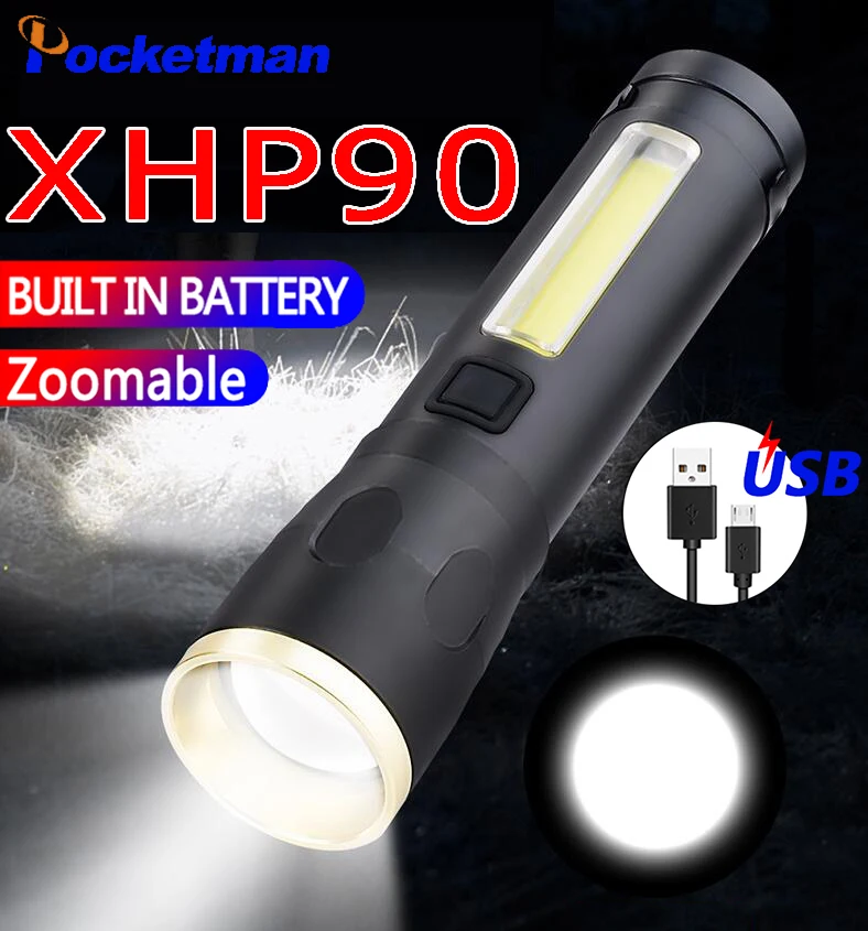 

XHP90 Led Cob Rechargable Flashlight 4 Lighting Modes Powerful Torch Built in Battery Portable Waterproof Lanterna Outdoor Lamp