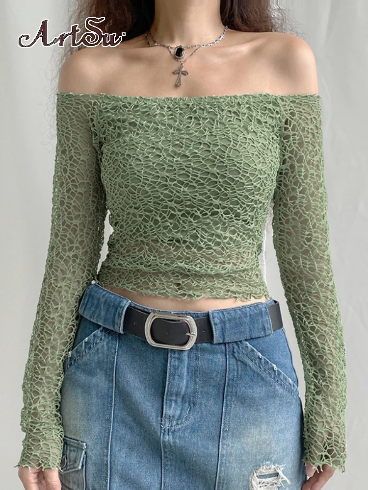 

Artsu, ретро зеленые ажурные блузки, топы для женщин, милые Y2K, одежда с вырезом лодочкой, тонкий длинный рукав, элегантные сексуальные укорочен...