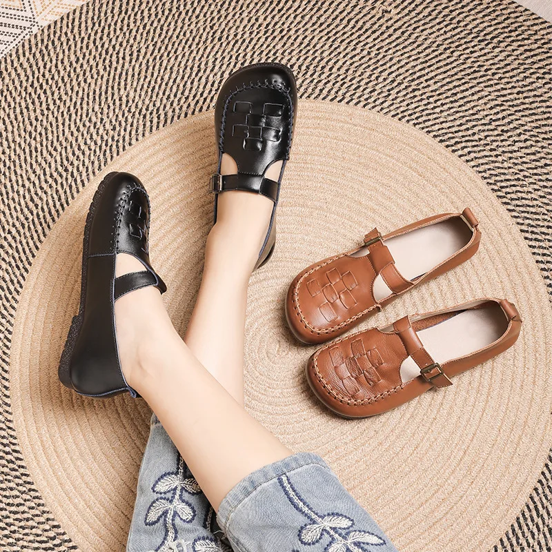 2023 black moccasins for women summer T strap designer shoes flats woman woven loafers buckle genuine leather wide ballet flats