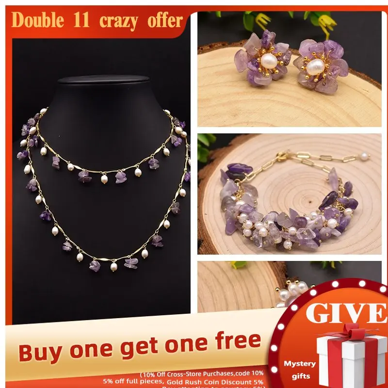 

GLSEEVO Purple Gemstones Natural Baroque Fresh Water Pearl Women Bracelet Earrings Necklace Ring Set Fashion Luxury Fine Jewelry