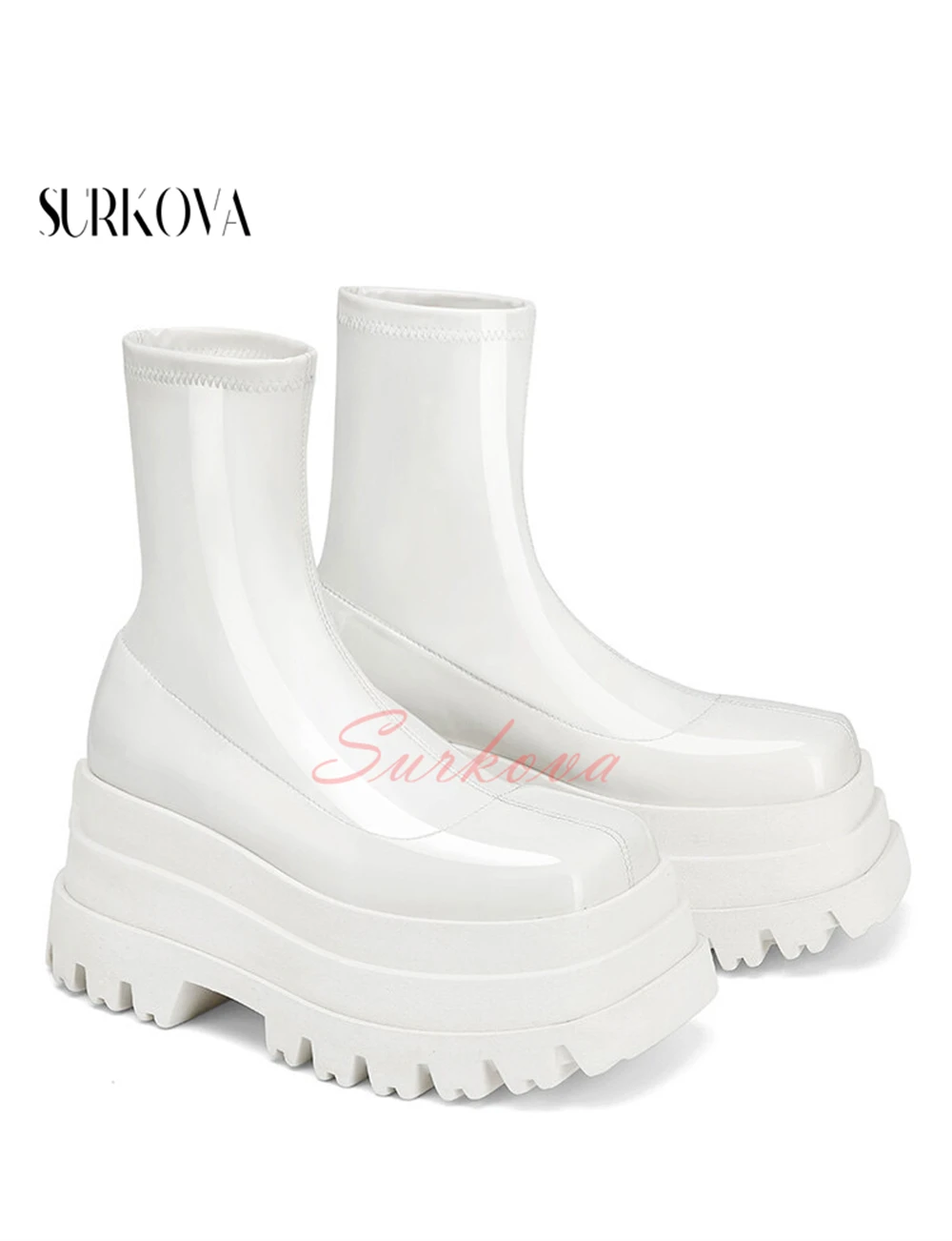 Women's Solid Color Patent Leather Platform Boots Round Toe Slip On Ankle Boots Ladies Fashion Boots Casual Shoes for Women New