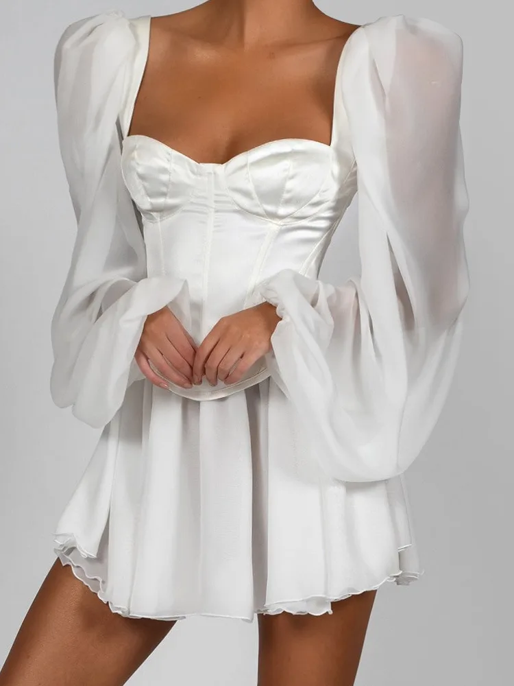 

Элегантное шифоновое мини-платье с квадратным вырезом и рукавами-фонариками для женщин, модное белое сексуальное Клубное вечернее платье с...