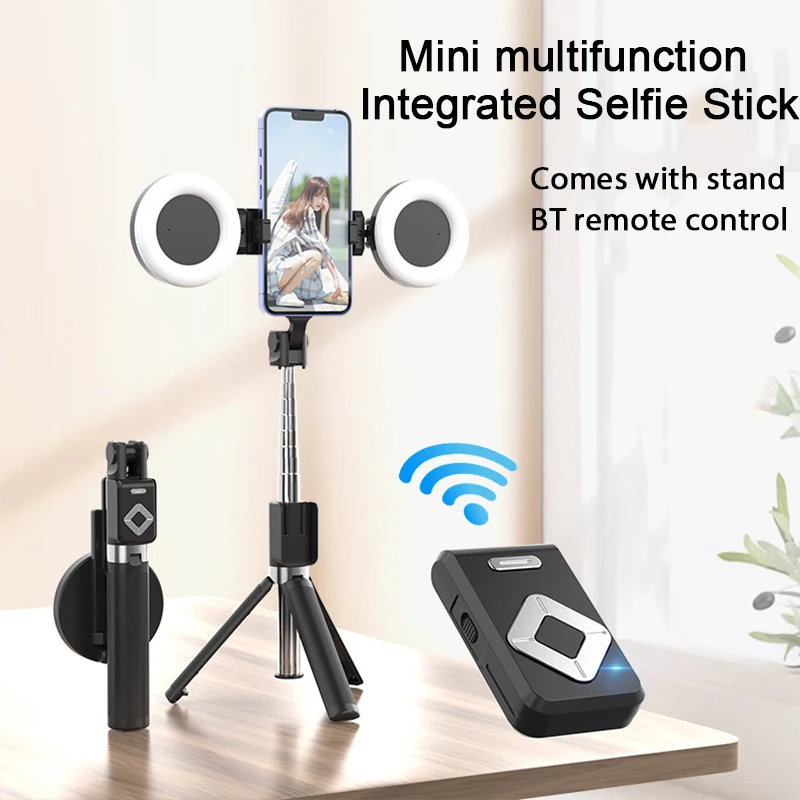 

Беспроводная селфи-Палка с дистанционным управлением, Bluetooth, вращающийся на 360 ° мини-штатив, селфи-Палка для камеры телефона с кольцом, искусственная кожа, универсальный