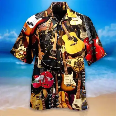 Гавайская Мужская рубашка с кубинским воротником, музыкальная футболка для мужчин, повседневные объемные топы с короткими рукавами и музык...