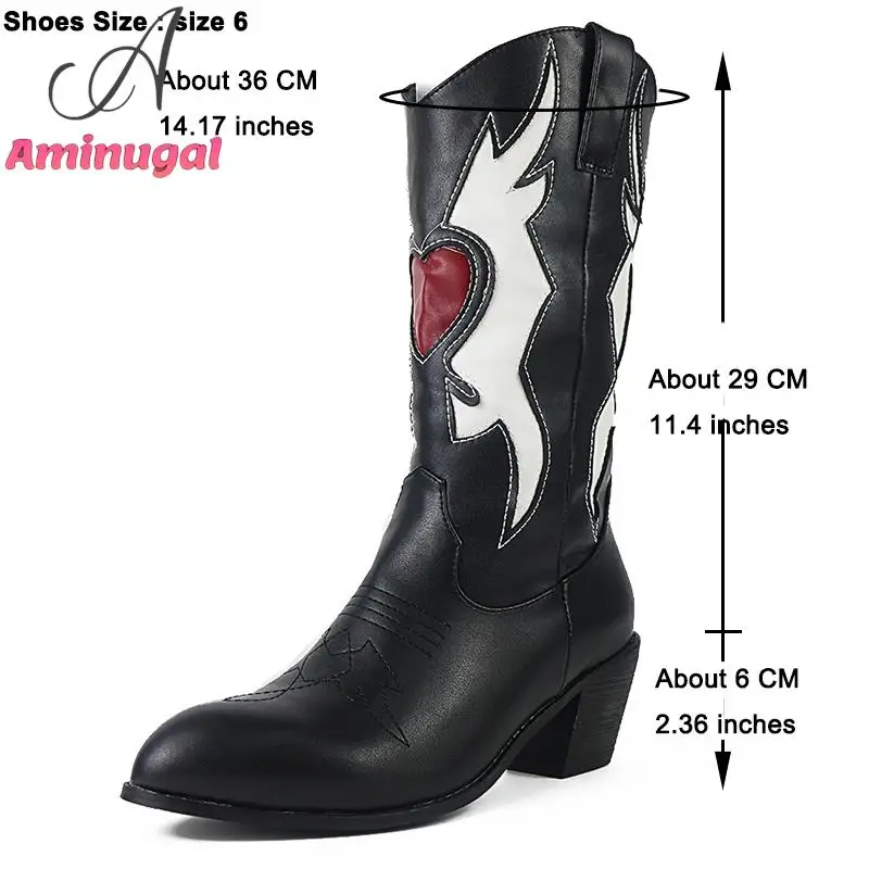 Cowboy Western Boots Love Heart Mid Calf Boots For Women 2023 Cute Cowgirls Chunky Heel Vintage Fashion Punk Western Boots Women