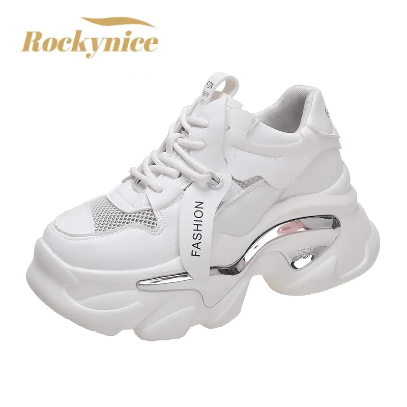 New Fashion Women Summer Leather Sneakers 8CM Heels White Mesh Casual Shoes Woman Trainers Lace-Up Breathable Platform Sneakers