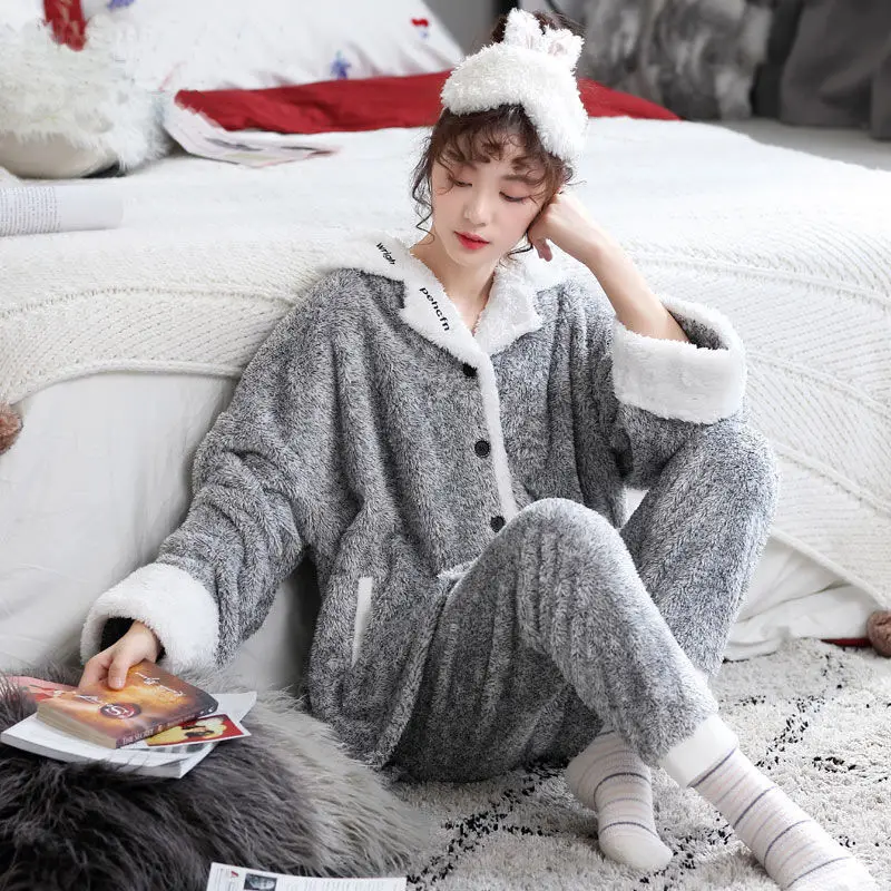 QWEEK Women's Winter Pajamas Green Gray Solid Color Coral Fleece Pijamas 2 Piece Set Home Suit Pyjamas Nightie Homewear Female