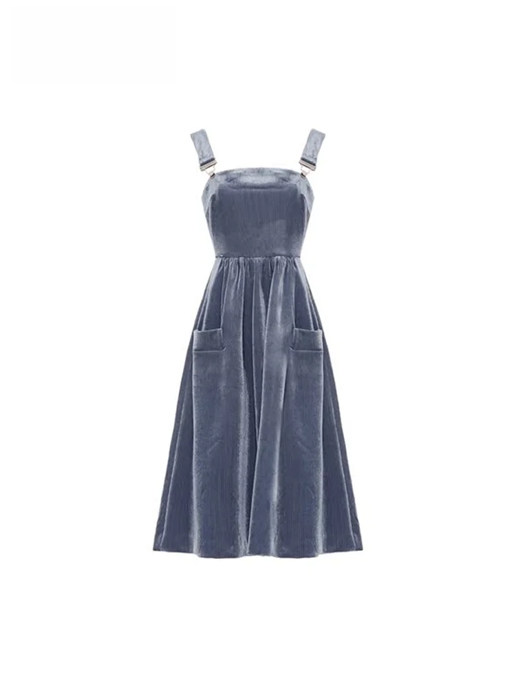 Осеннее платье Dplay Depala модное синее вельветовое длинное с юбкой на бретелях