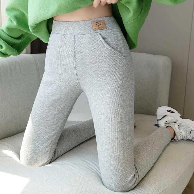

Lucyever Women's with Pockets Knitted Leggings Solid Color Skinny Thick Velvet Warm Psnts Women Casual High Waist Elastic Pants