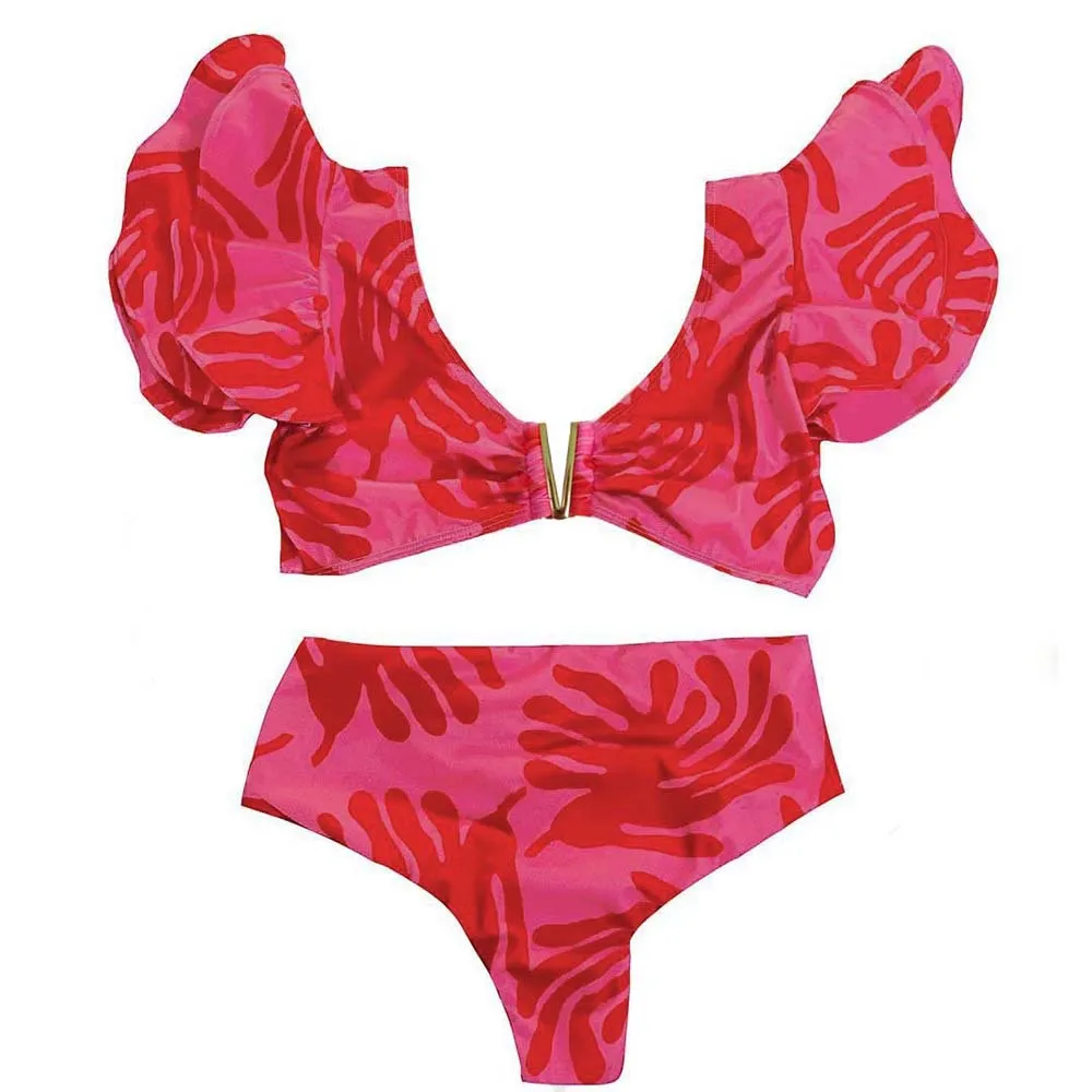 

Ruffled V-neck Printed High Waist Bikini 2022 New Split Swimsuit Women's European and American Bikini