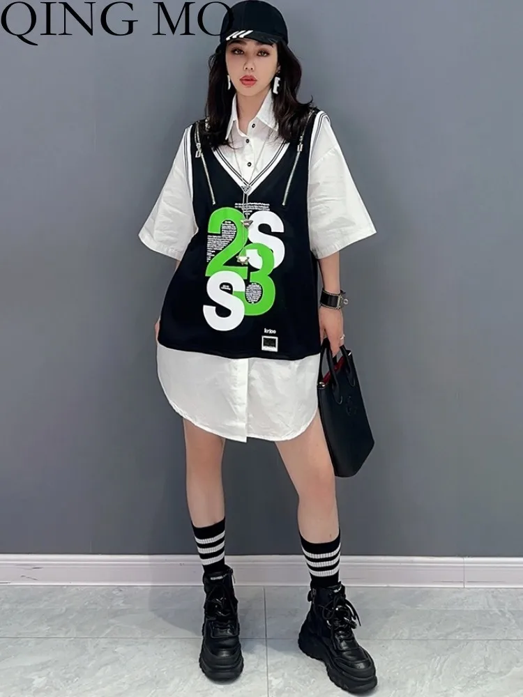 

QING MO 2023 Summer New Korean Black White Casual Female T-shirt Fashion Polo Collar Fake Two Piece Top Women ZXF2517