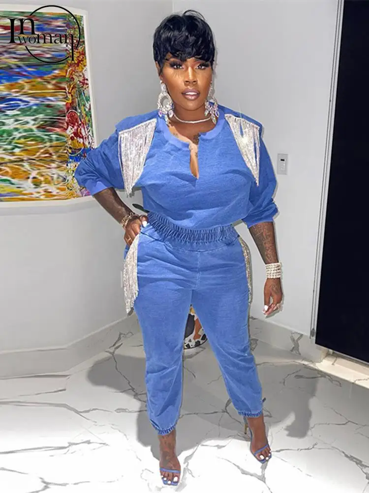

Inwoman Summer Sexy Two 2 Pieces Sets Women Outfits 2022 Long Sleeve Tassel Tops Baggy Loose Pants Party Blue Matching Set