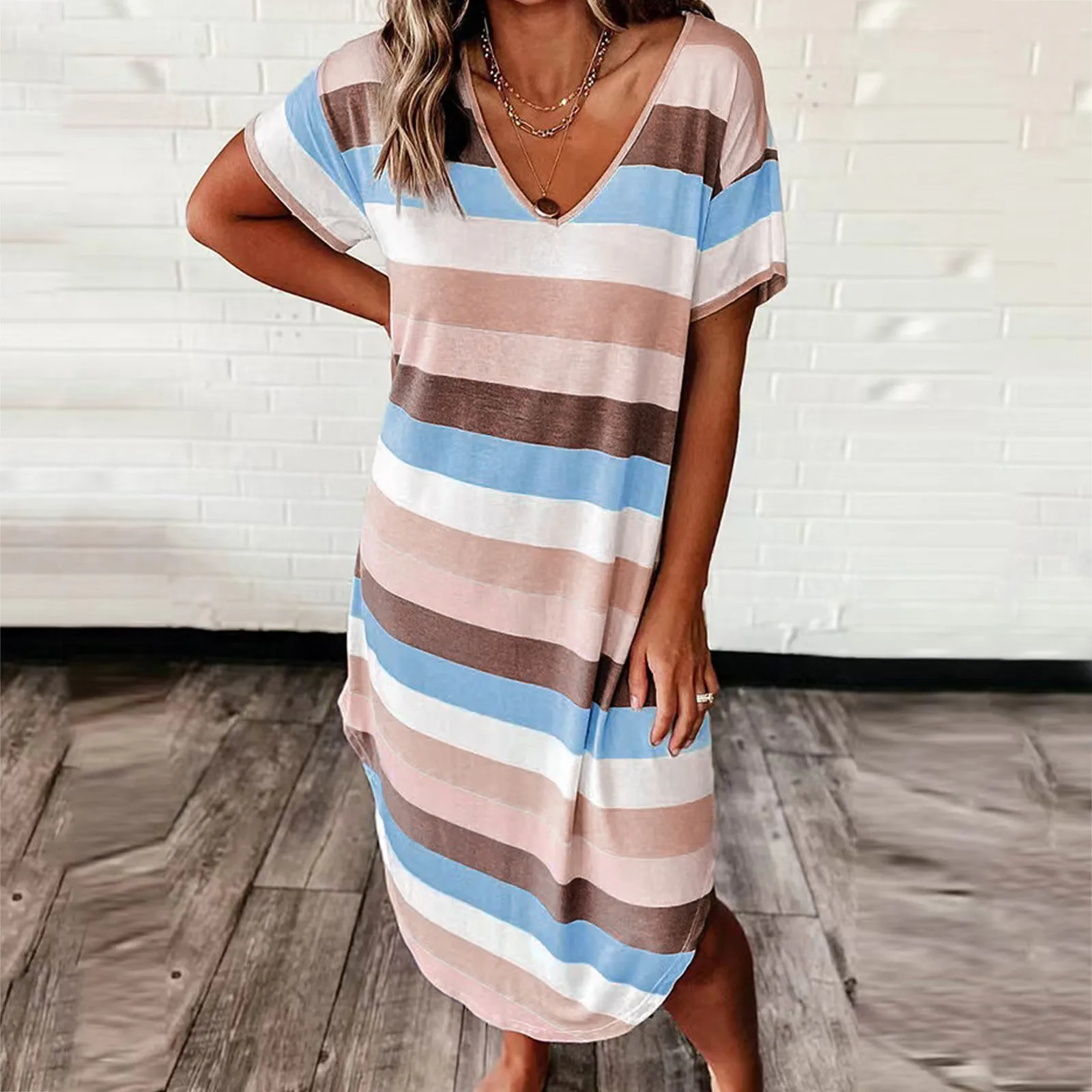 

Летнее платье 2023, женские платья в цветную полоску с принтом, повседневное свободное платье средней длины с коротким рукавом и V-образным вырезом, Vestidos Mujer