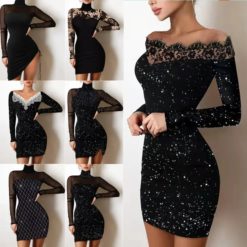 Купи Spring Off Shoulder Splicing Lace Dress Sexy Slim-Fit Bright Silk Bag Hip Black Dress Fashion Elegant Women New Mini Party Dress за 1,199 рублей в магазине AliExpress