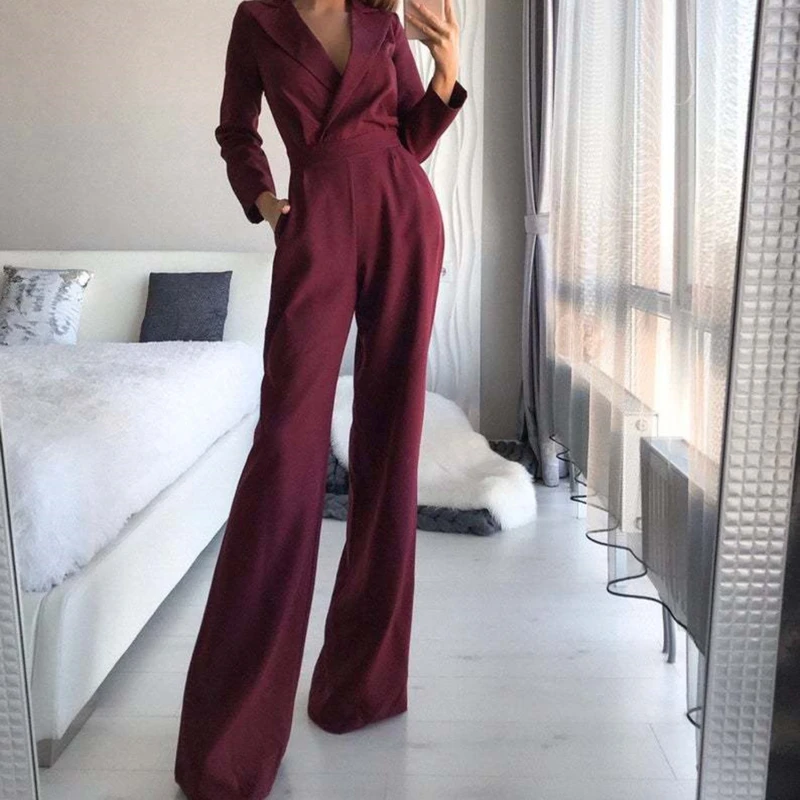 

Autumn Woman Jumpsuit Long Sleeve V-Neck Solid Color Suit Collar Top + Wide Leg Pant Romper Women Elegant Fashion Jumpsuit