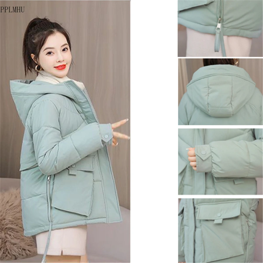 

Свободная Повседневная Корейская куртка, однотонная зимняя одежда, верхняя одежда, зима 2023, короткая пушистая шикарная Женская куртка с капюшоном, теплая утепленная парка оверсайз