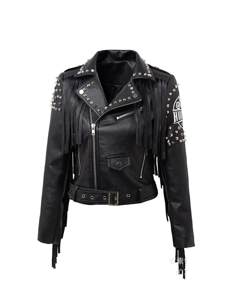 PU Leather Rivet Tassel Jacket Women Streetwear Slim Short Zipper Punk Grunge Leather Jackets Locomotive Coats Female Clothing enlarge