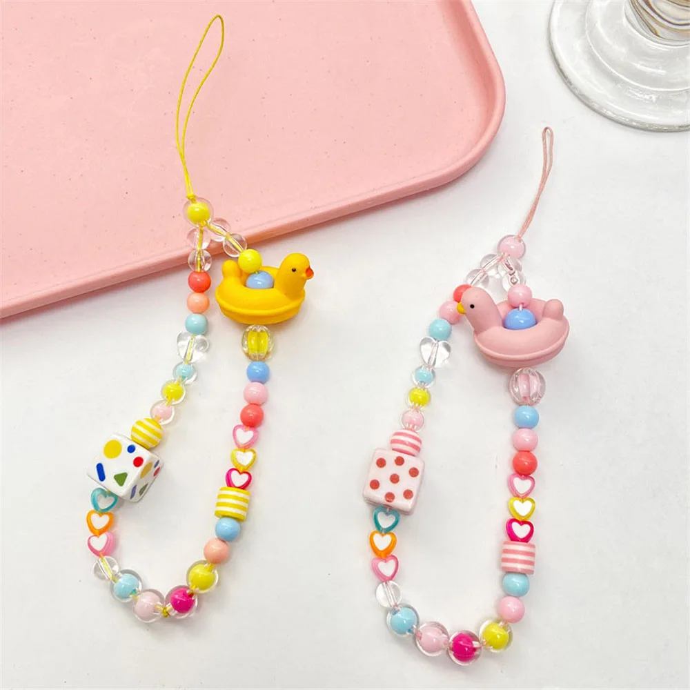 

Cartoon Duck Mobile Phone Strap Charm Fashion Beaded Lanyard Short Keychain Lanyards Anti-Lost Hand Rope Backpack Pendant