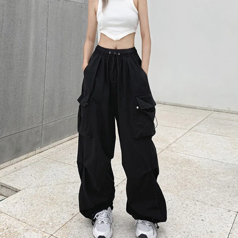 

2023 New Women's Elastic Waist Wide Leg Straight Trousers Vintage Joggers Cargo Pants Casual Street Wear Fashion