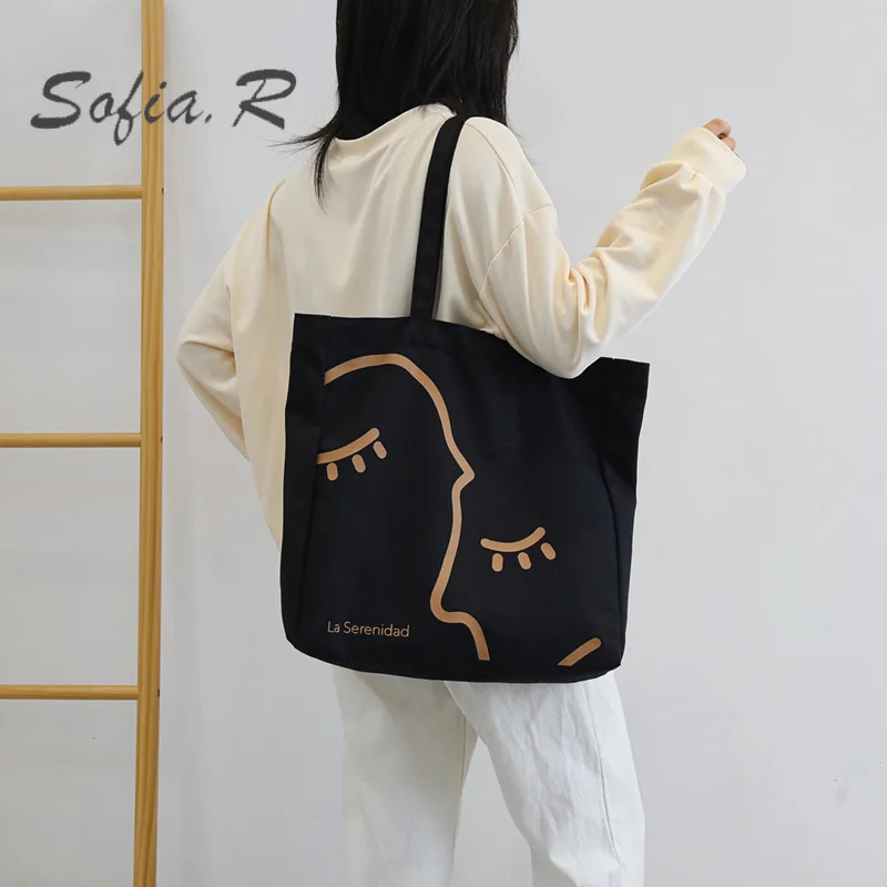 

Graffiti Canvas Bag Stick Figure Large Capacity Tote Canvas Bag Large Shoulder New Literary Printing Bag Female