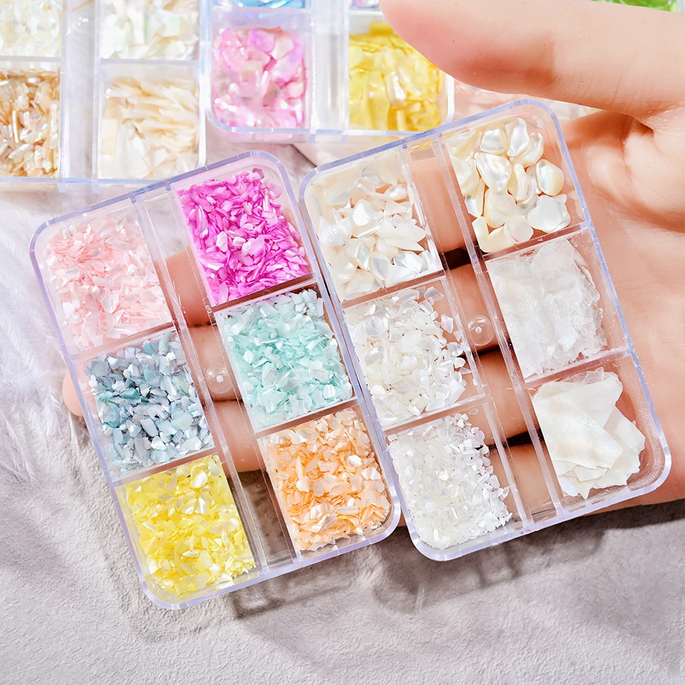 

1 Box Nail Art Aurora Shell Flakes Abalone Nails Charms 6Grids 3D Irregular Slice Shell Nail Art Decoration Manicure Accessories