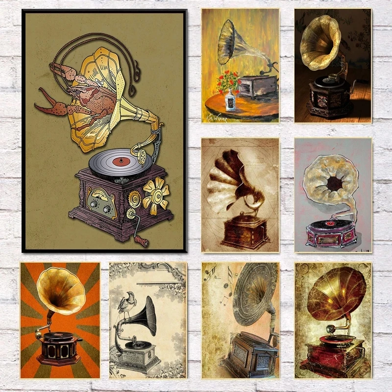 

Vintage Antique Gramophone Retro Crafts Metal Canvas Painting Posters and Prints Wall Art Picture Bar Coffee Bedhome Decoration