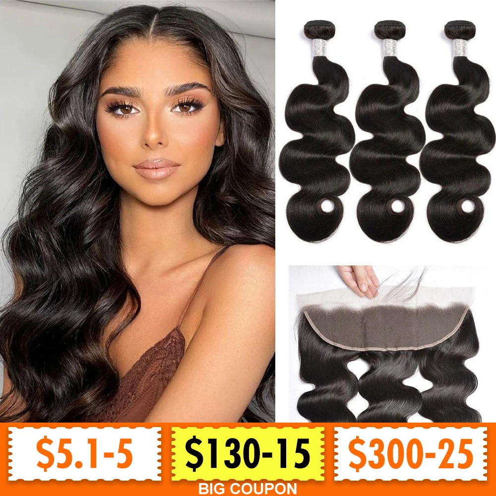 

Body Wave Bundles With Frontal 13X4 Remy Brazilian Human Hair Bundles with Closure Weaving Virgin Hair Extension 38 40 Inches