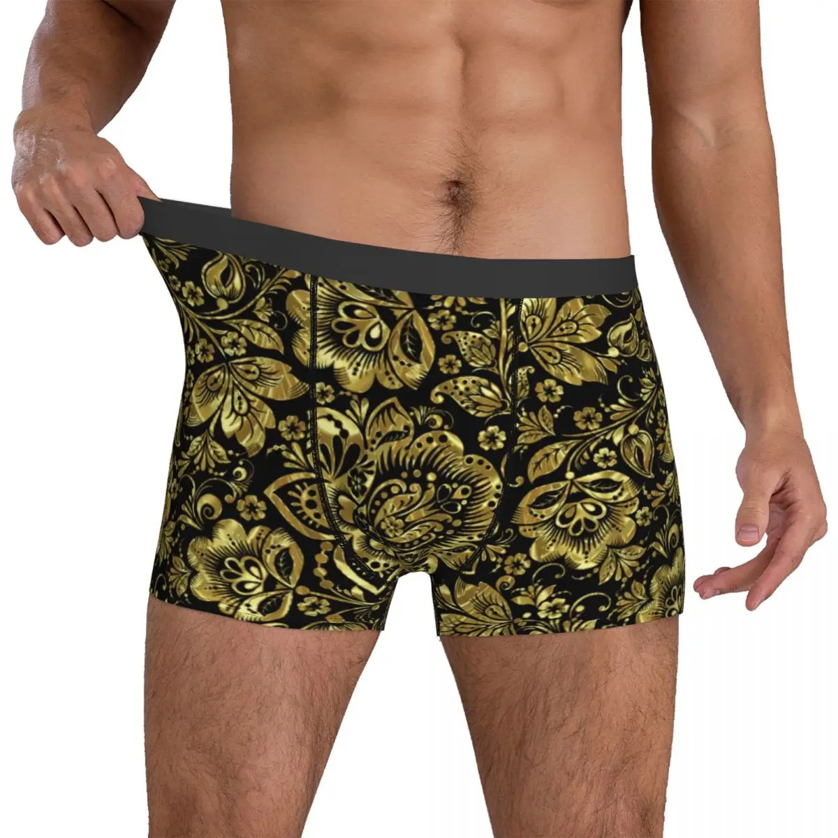 

Vintage Baroque Floral Underwear Gold Flower Pouch Hot Boxershorts Printing Boxer Brief Classic Males Panties Plus Size 2XL