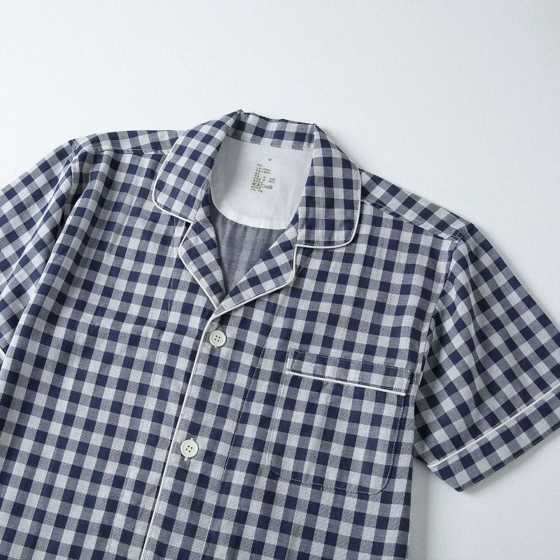 Pajamas Couples Plaid Cotton Seamless Nightwear Japanese Style Home Suit Casual and Breathable Sleepwear with Turn-over Collar