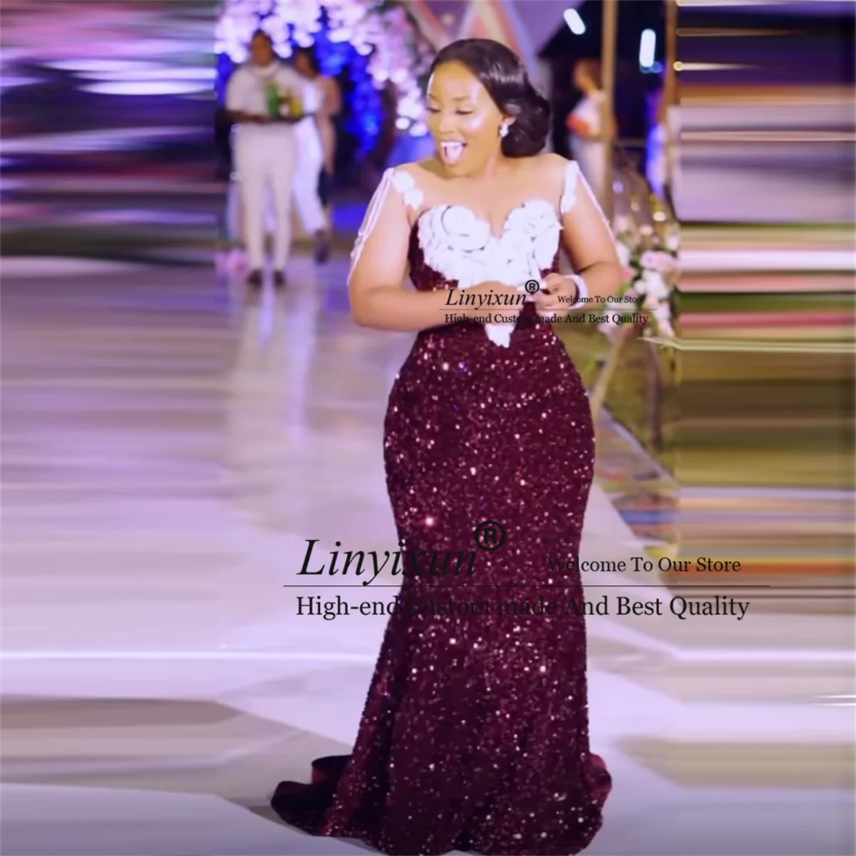 

Burgundy Sequined Mermaid Prom Dresses With Tassels Appliques Sheer Neck Formal Evening Party Gowns Sexy Women Robes de soirée