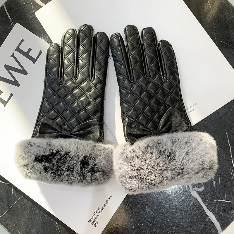 

Зимние женские модные теплые перчатки из искусственной кожи с манжетами из искусственного меха кролика женские черные варежки для мотоциклистов из натуральной кожи