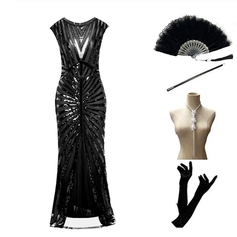 

Fishtail Dress 1920s Flapper Mesh Sequin V-neck Skirt Great Gatsby Party Costume Host Double-layer Fringe Dresses vestidos