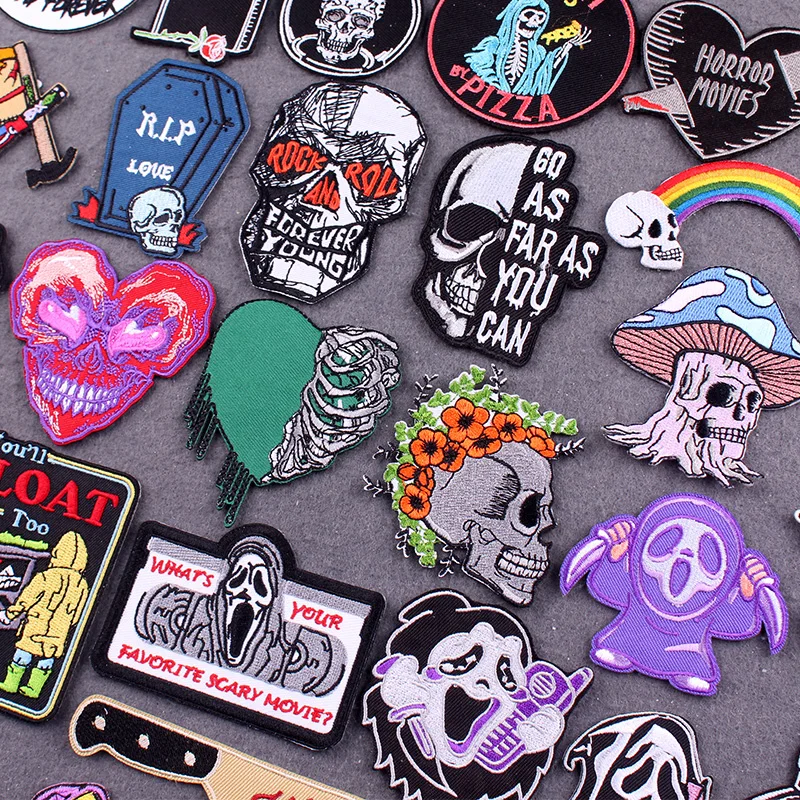 

Punk Skull Iron On Patches For Clothing Stickers DIY Horror Badges On Backpack Ghost Stripes Embroidery Patch On Jacket Decor