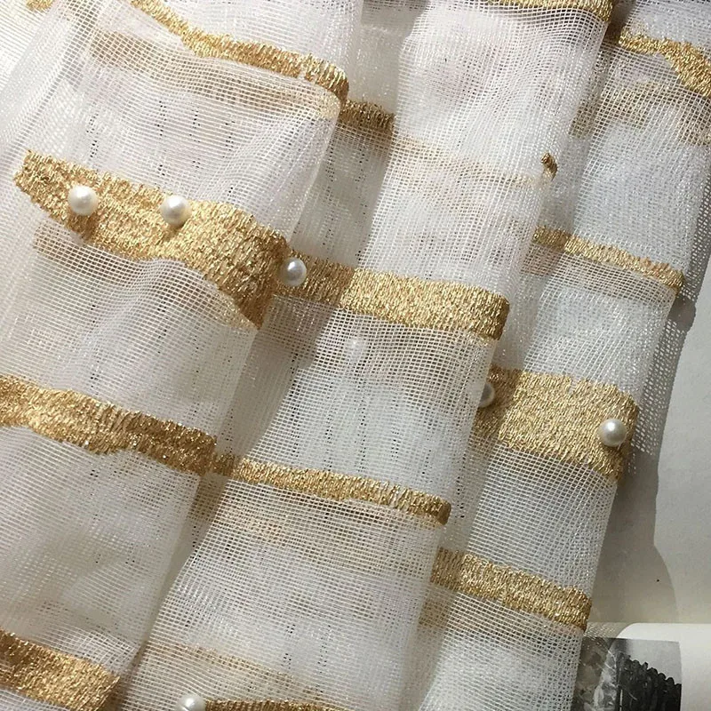 

American Villa Light Luxury Tulle Curtain Gold Thread Embroidery Geometric Stripe Pearls Sheer Drapes For Living Room Bedroom #4