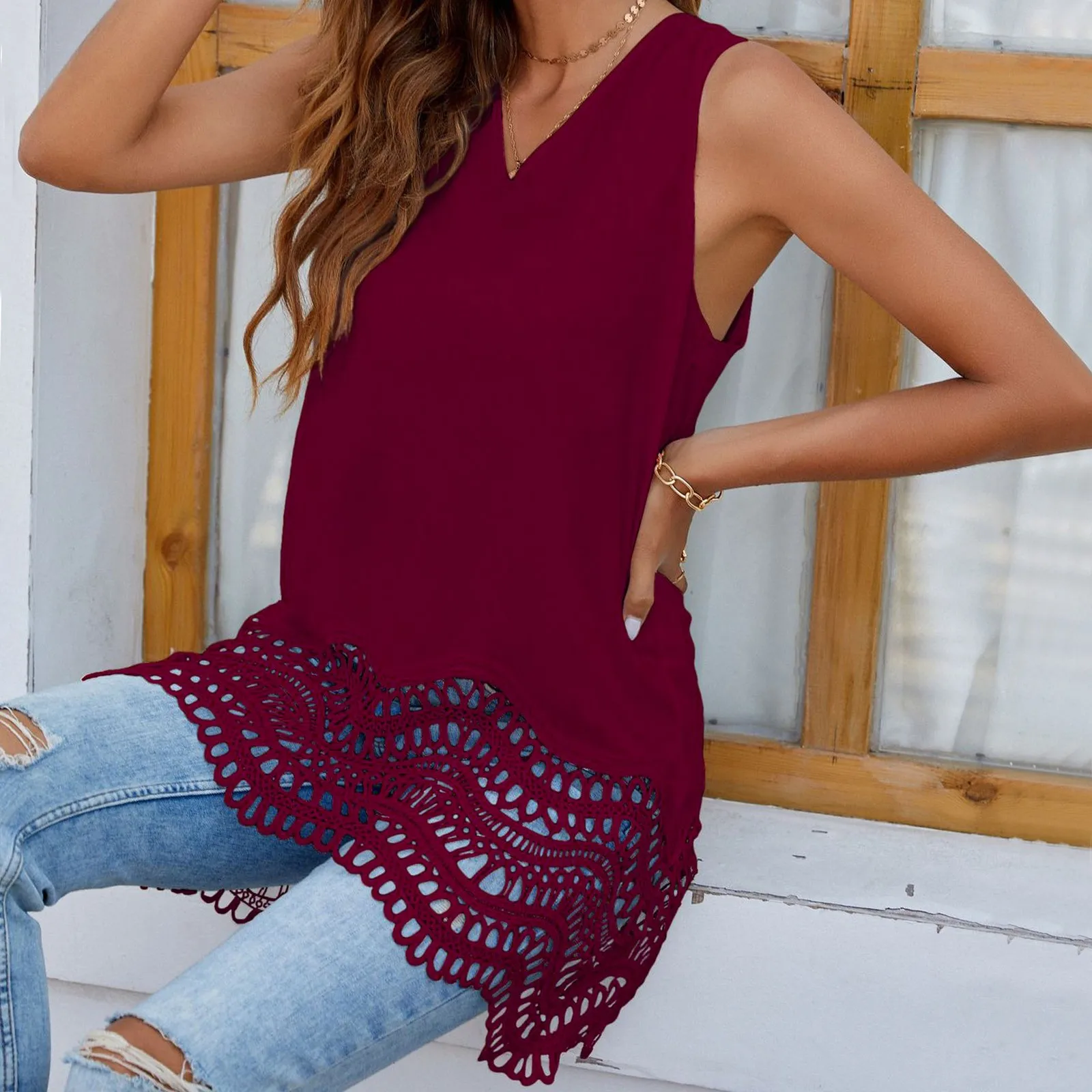 Женская шифоновая блузка с кружевом V-образным вырезом удлинитель кружевной