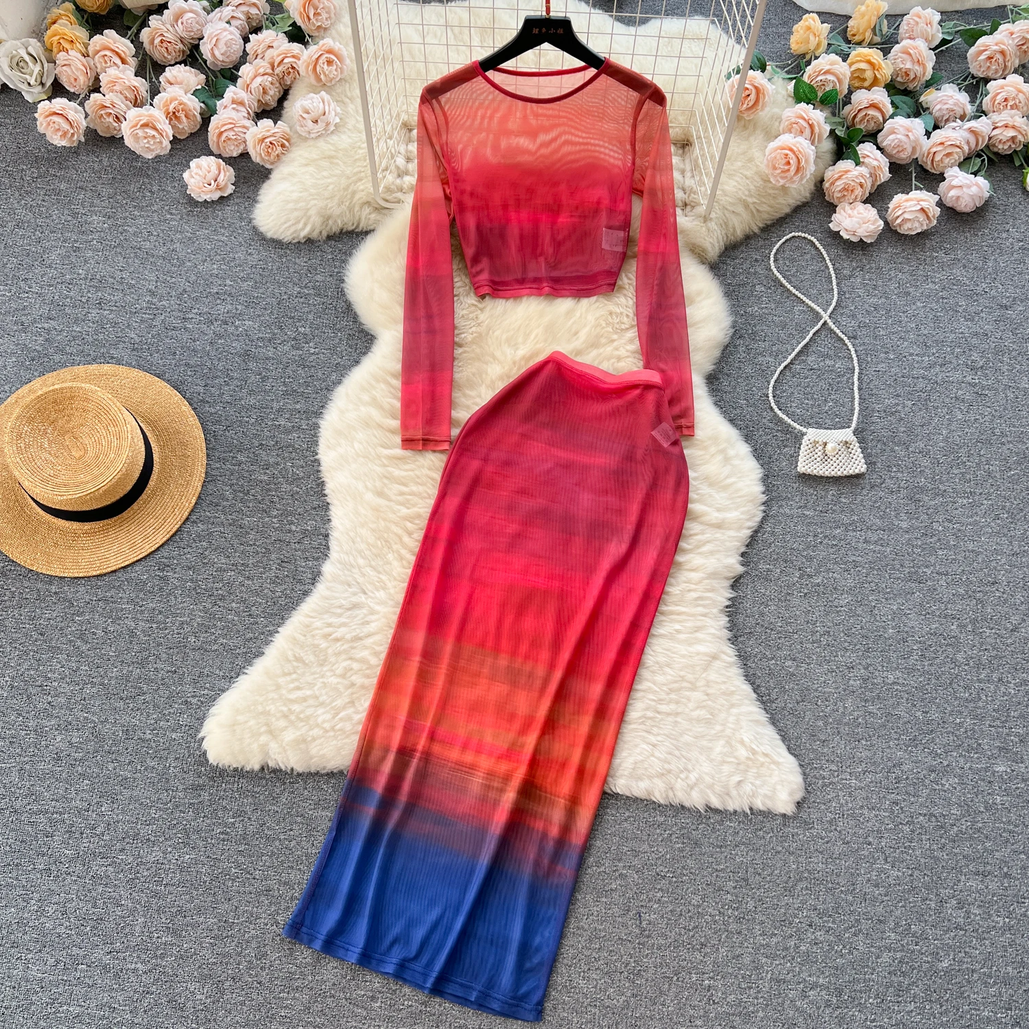 

Summer Print Two Pieces Skirt Sets Women Long Sleeve O Neck Sheer Crop Top with High Waist Gradient Skirt