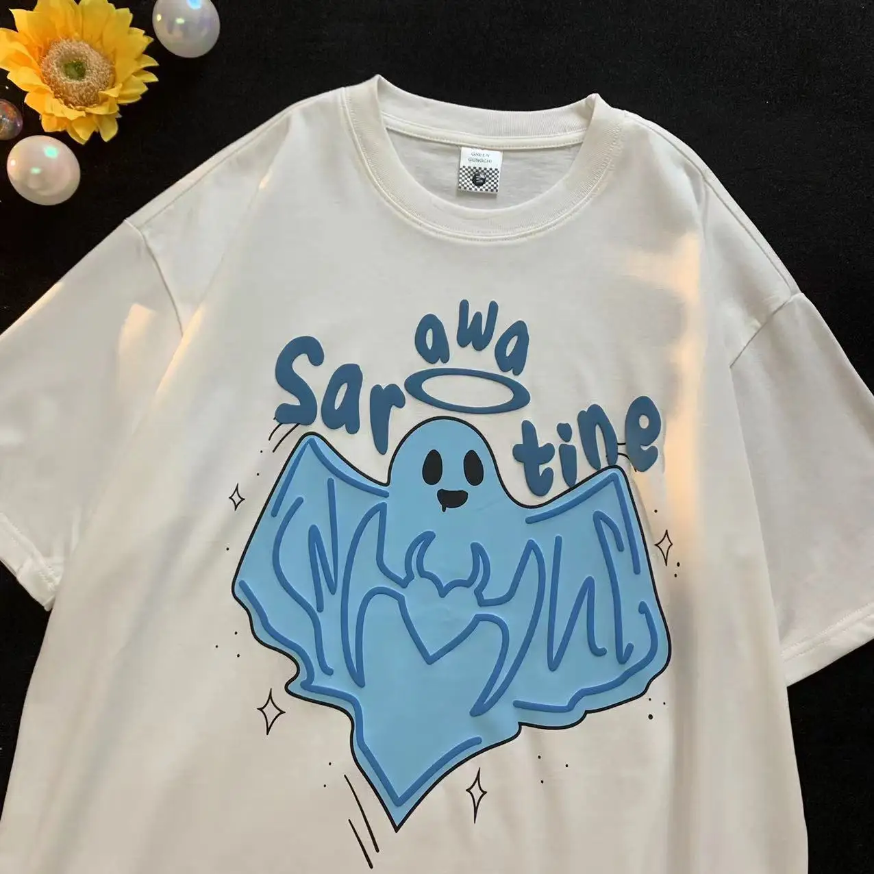 

Милая и Пряная Корейская свободная футболка с рисунком призрака, Женская Повседневная футболка из 100% хлопка с коротким рукавом для пар, Y2k, летняя футболка для Хэллоуина