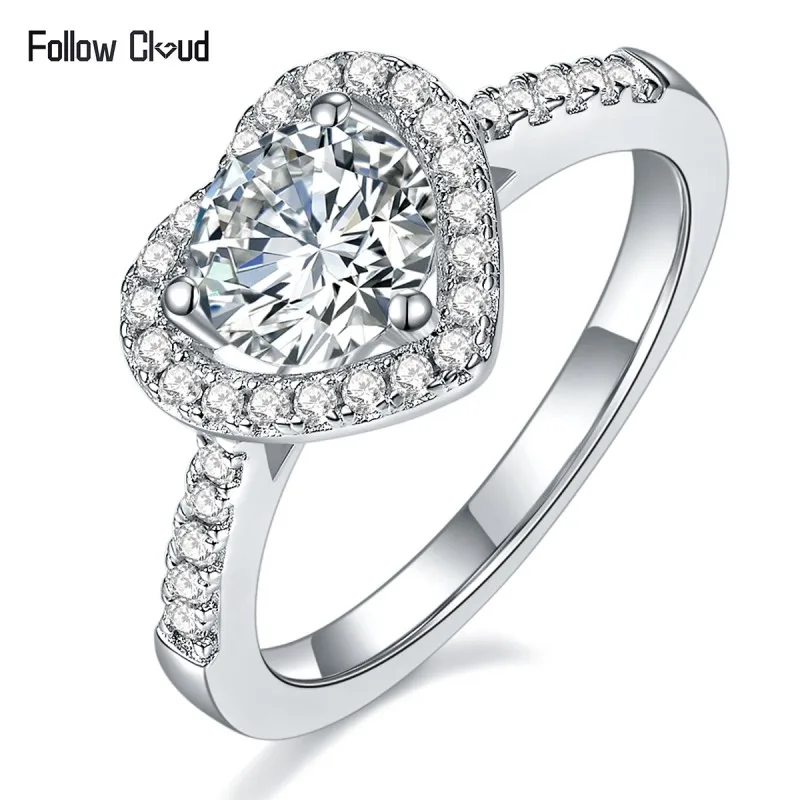 

Follow Cloud 1CT Heart Cut Moissanite Diamond Halo Rings 925 Sterling Silver Platinum Plated Wedding Band Promise Ring for Women