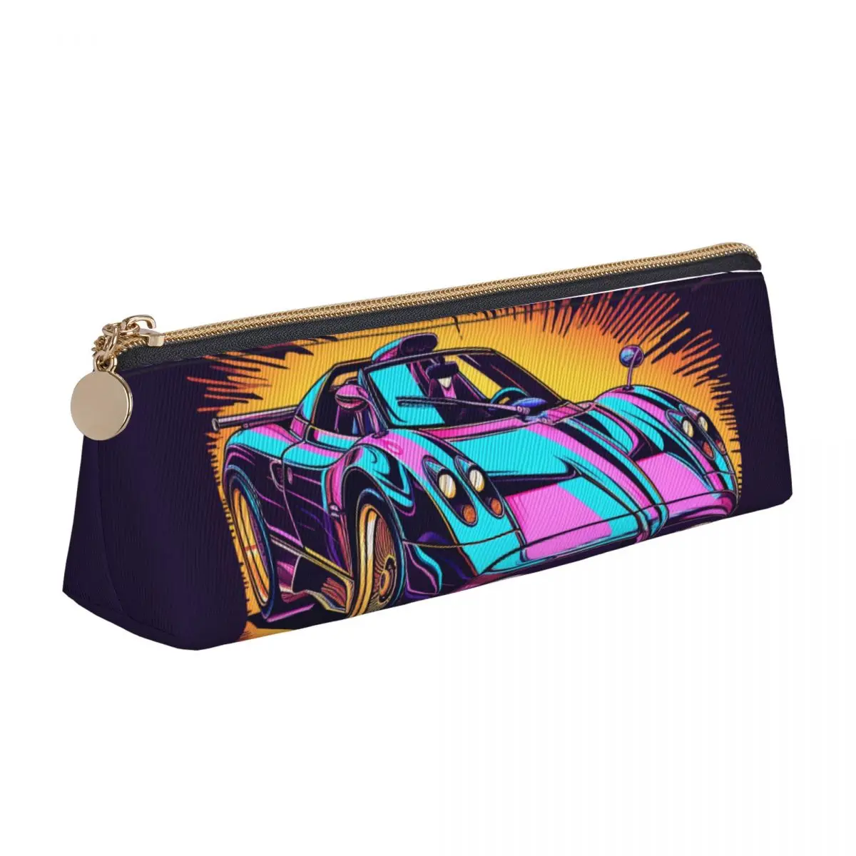 

Speed Sports Car Leather Pencil Case Vintage Vibrant Tones Cool Zipper Pencil Box College For Teens Triangle Pen Bag