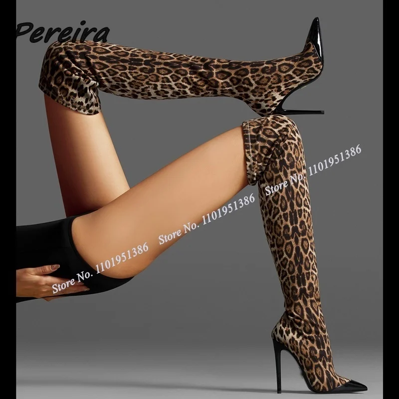 Pereira New Black Toe Leopard Boots Over the Knee Pointed Toe Stiletto Shoes for Women Thin High Heels Winter Zapatillas Mujer