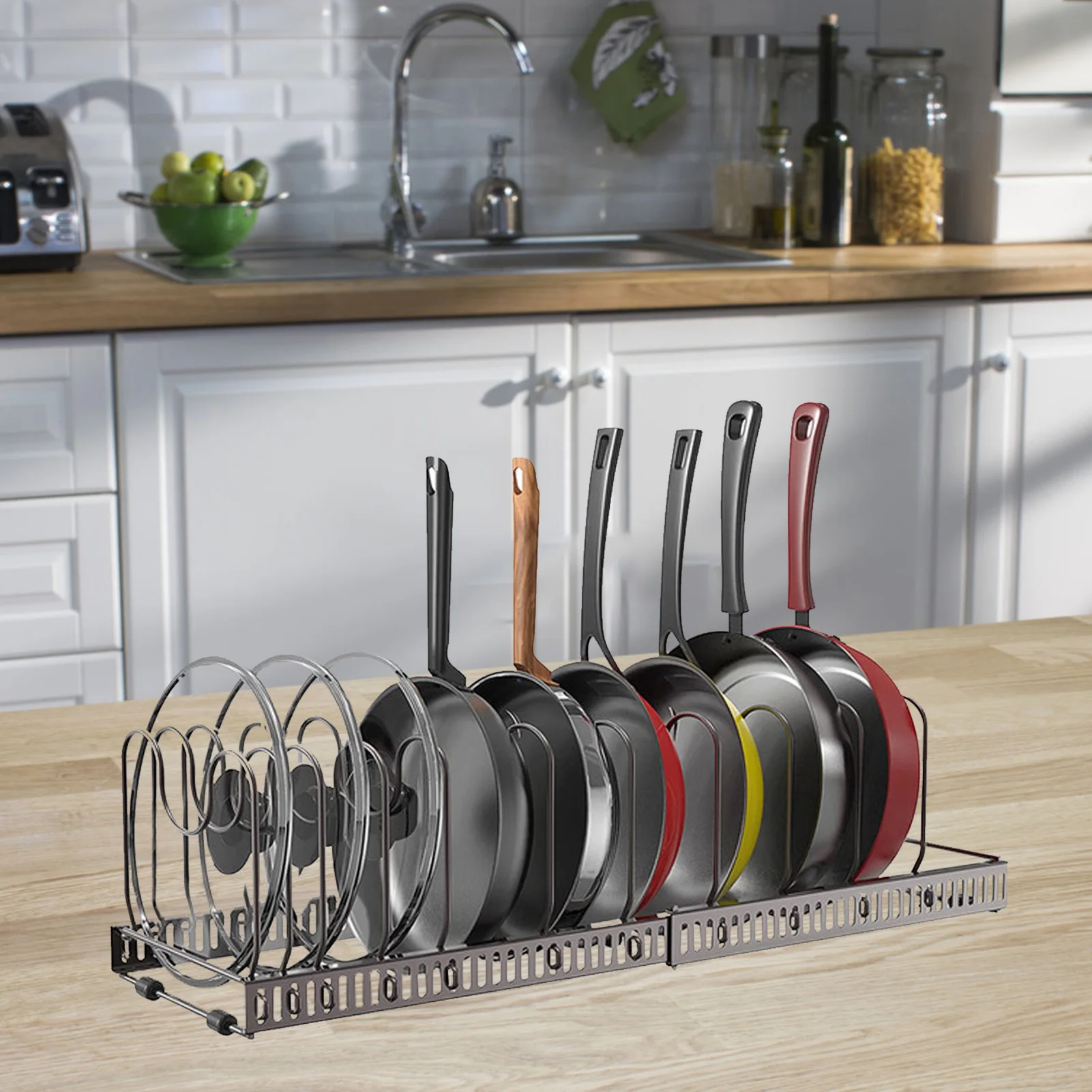 

Pot Storage Rack U-shape Pans Organizer Rack 10 Cells Telescopic Saucepan Lid Organizer For Pot Cover Cabinet Kitchen Holder