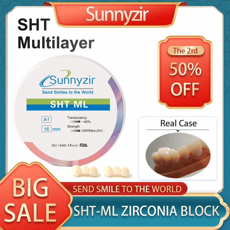 Sunnyzir SHT Multilayer Preshaded Zirconia block CAD CAM disco de zircônia Material Cerâmico Dental Zrcônio Blank Sistema Aberto