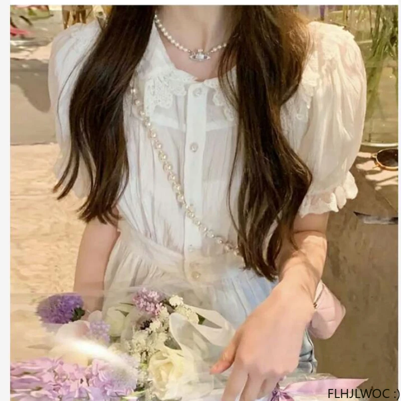 

FLHJLWOC Design Vintage Peter Pan Collar Top New Women Preppy Style Japan Girls Cute Office Lady Solid White Basic Button Shirts