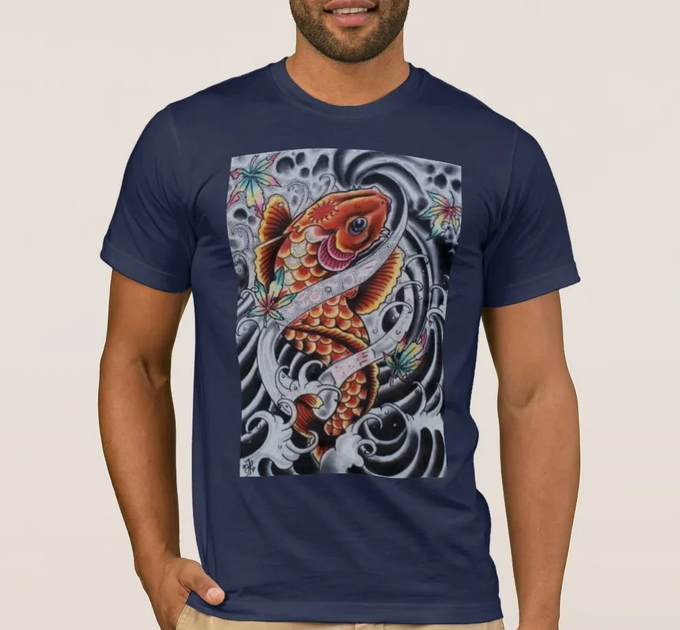 Colored KOI Tattoo Look Printed Premium T-Shirt. Summer Cotton Short Sleeve O-Neck Mens T Shirt New S-3XL