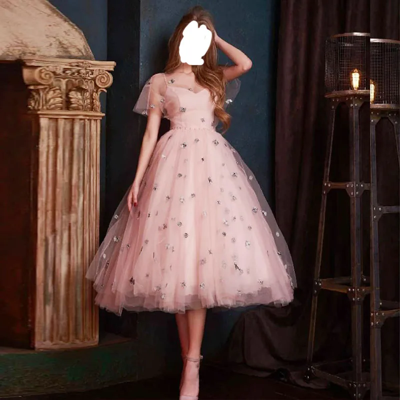 

Sweetheart Ball Gown Tulle Flare Sleeve Knee Length Prom Night Dress Party Dresses