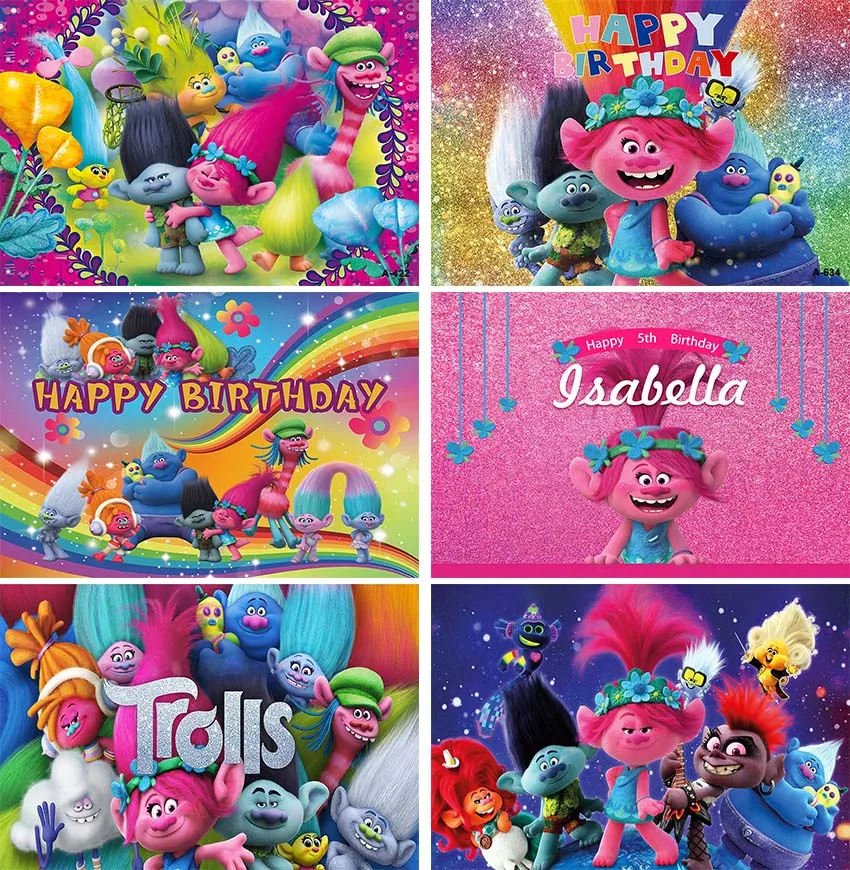 

Trolls Poppy Photography Backdrop Kids Happy Birthday Party Banner Rainbow Colorful Photo Background Table DecorPhoto Studio