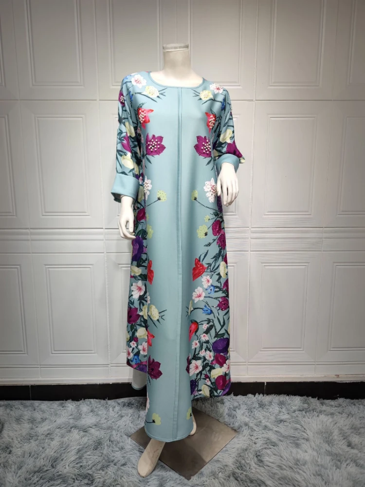 2023 Summer Elegant Muslim Women Long Sleeve O-neck Polyester Printing Long Abaya Muslim Fashion Dress Muslim Dress Women
